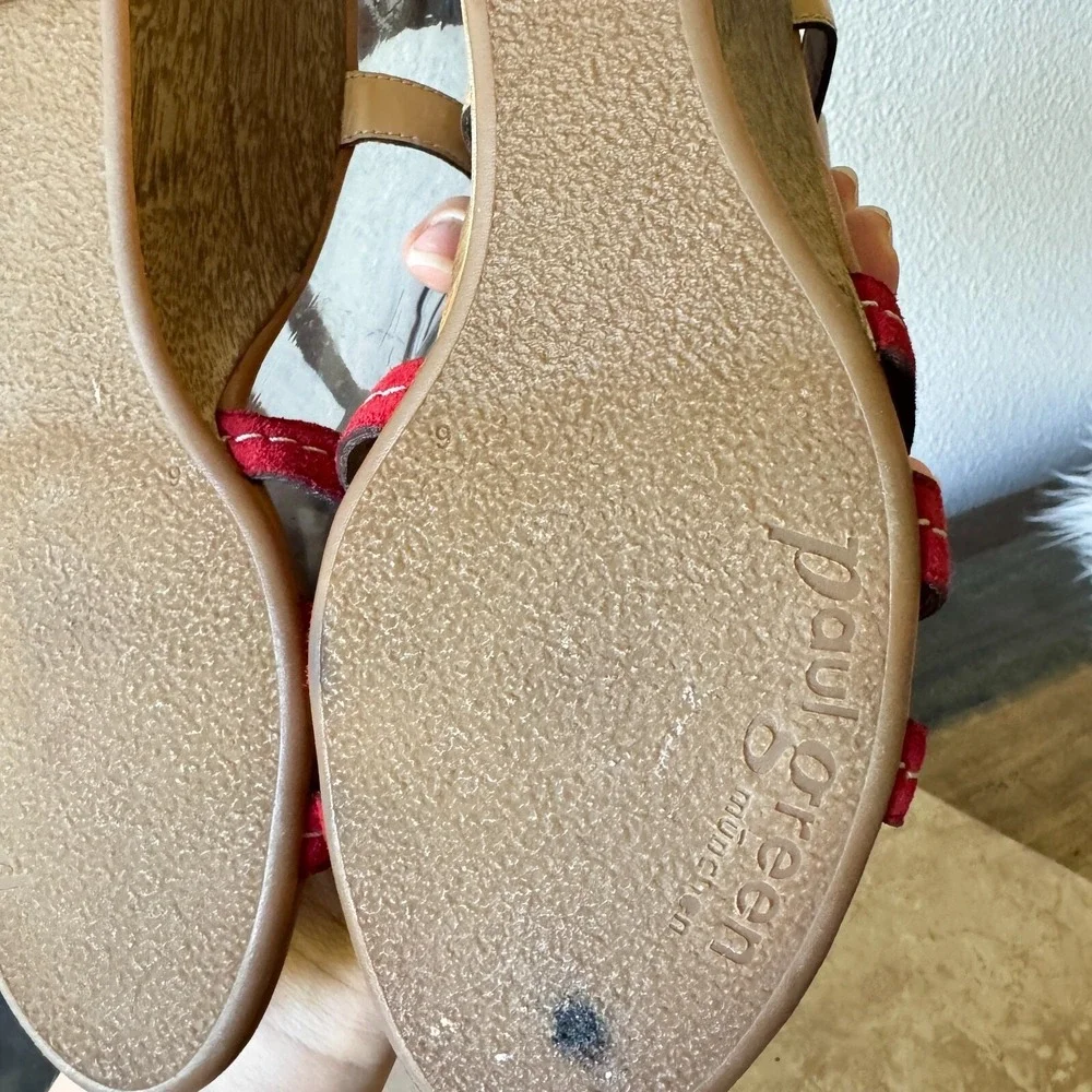 Paul Green Sandals Womens UK 6 US 8.5 T Strap Genuine Leather Strappy Wedge Red